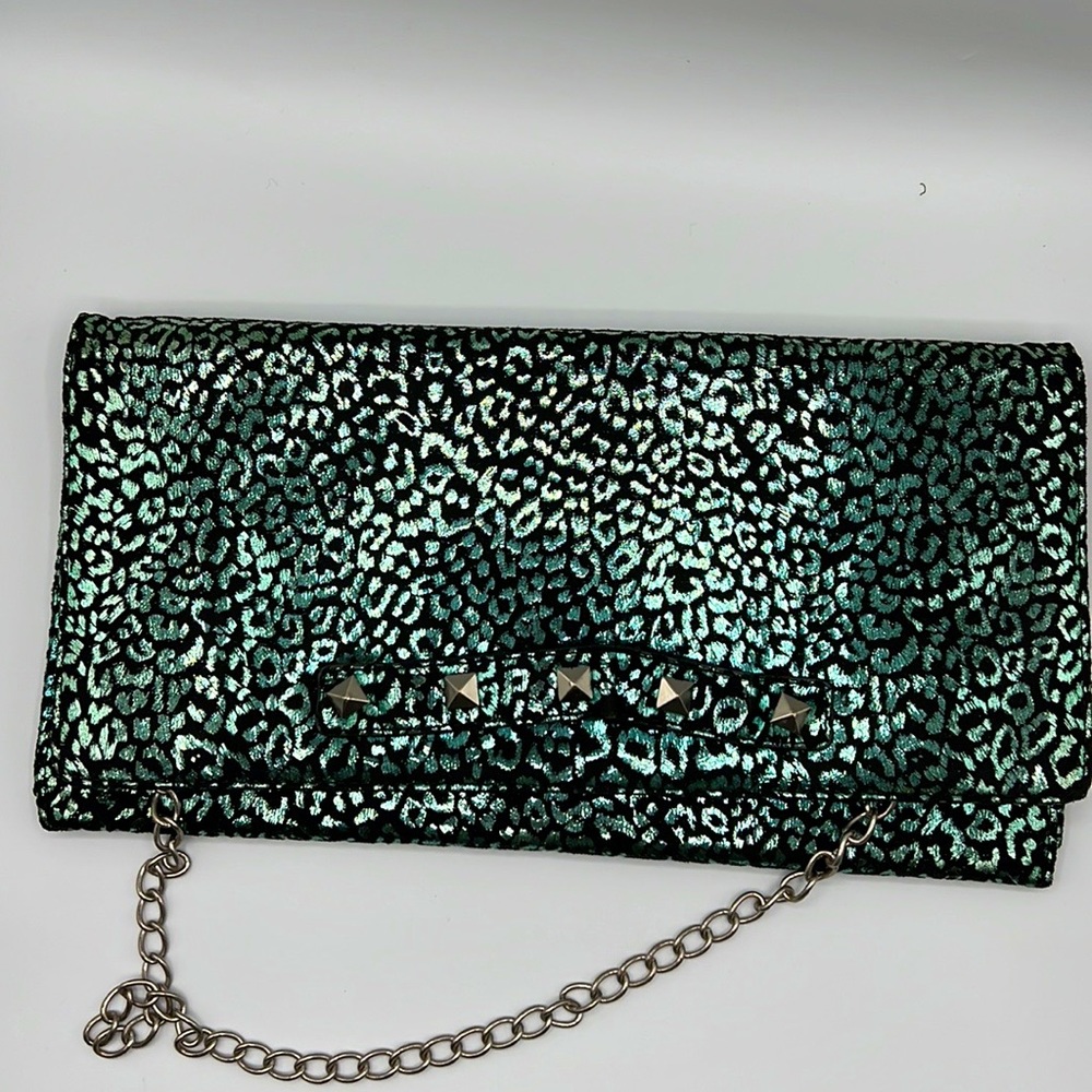 Cute! Betsy Johnson clutch purse, teal-silver metallic cheetah